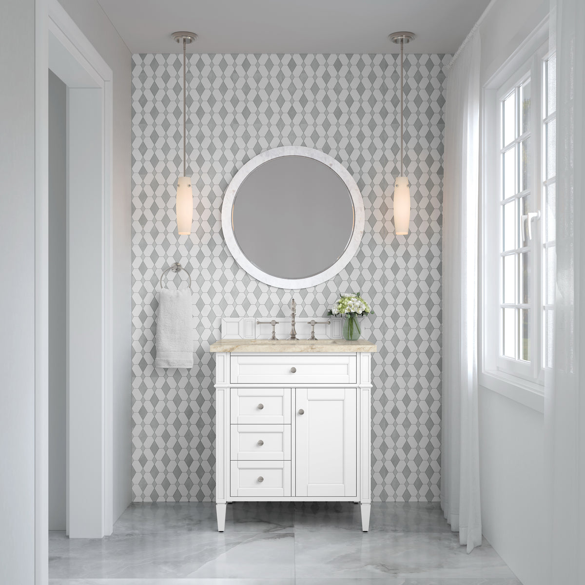 James Martin Vanities Brittany 30" Bright White Single Vanity With 3 CM Tajnar Eclos Top