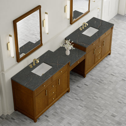 James Martin Vanities Bellshire 120" Honey Oak Dual Vanity Set With 3 cm Parisien Bleu Silestone Top and 24" Make-Up Counter