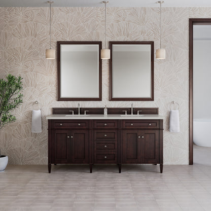 James Martin Vanities Brittany 72" Burnished Mahogany Double Vanity With 3 CM Siberian Silestone Top and FreePower Wireless Charger
