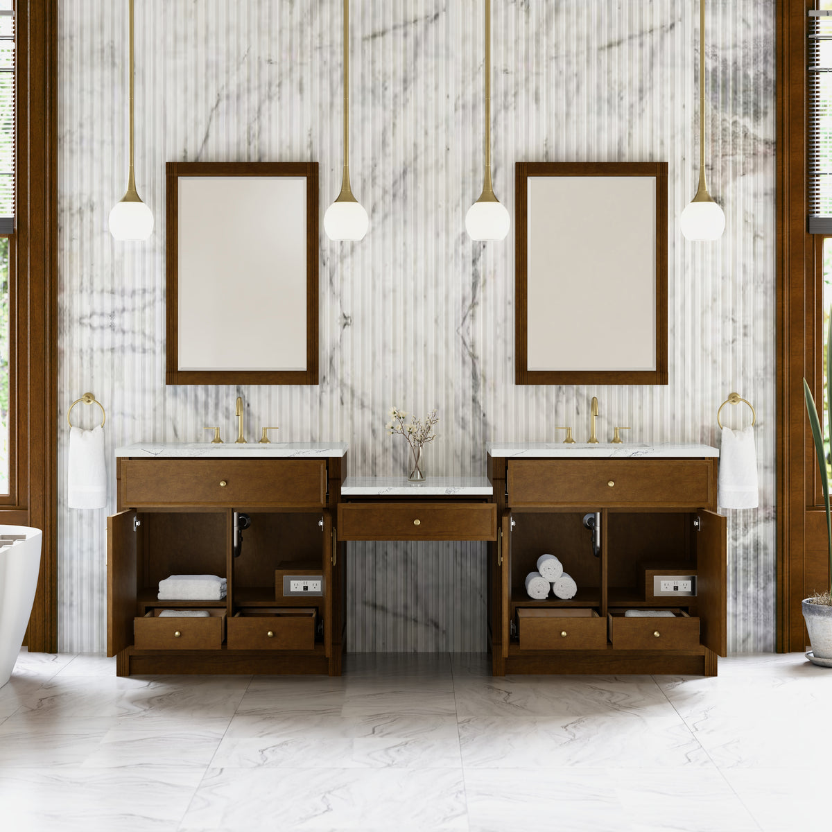James Martin Vanities Bellshire 96" Honey Oak Dual Vanity Set With 3 cm Ethereal Noctis Silestone Top and 24" Make-Up Counter