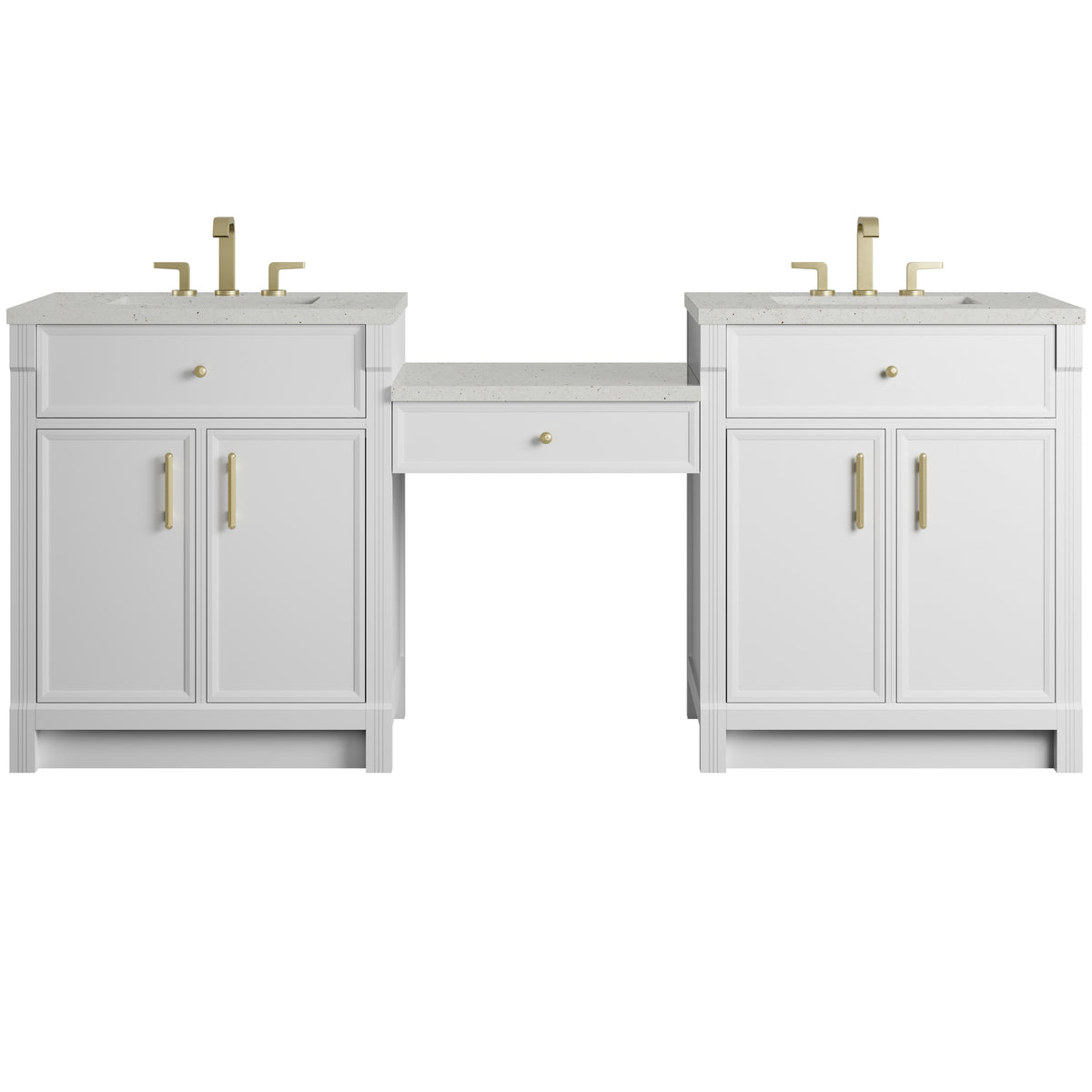 James Martin Vanities Bellshire 84" Bright White Dual Vanity Set With 3 cm Lime Delight Silestone Top and 24" Make-Up Counter