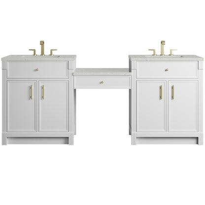 James Martin Vanities Bellshire 84" Bright White Dual Vanity Set With 3 cm Lime Delight Silestone Top and 24" Make-Up Counter