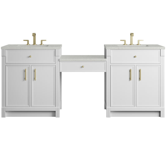 James Martin Vanities Bellshire 84" Bright White Dual Vanity Set With 3 cm Lime Delight Silestone Top and 24" Make-Up Counter