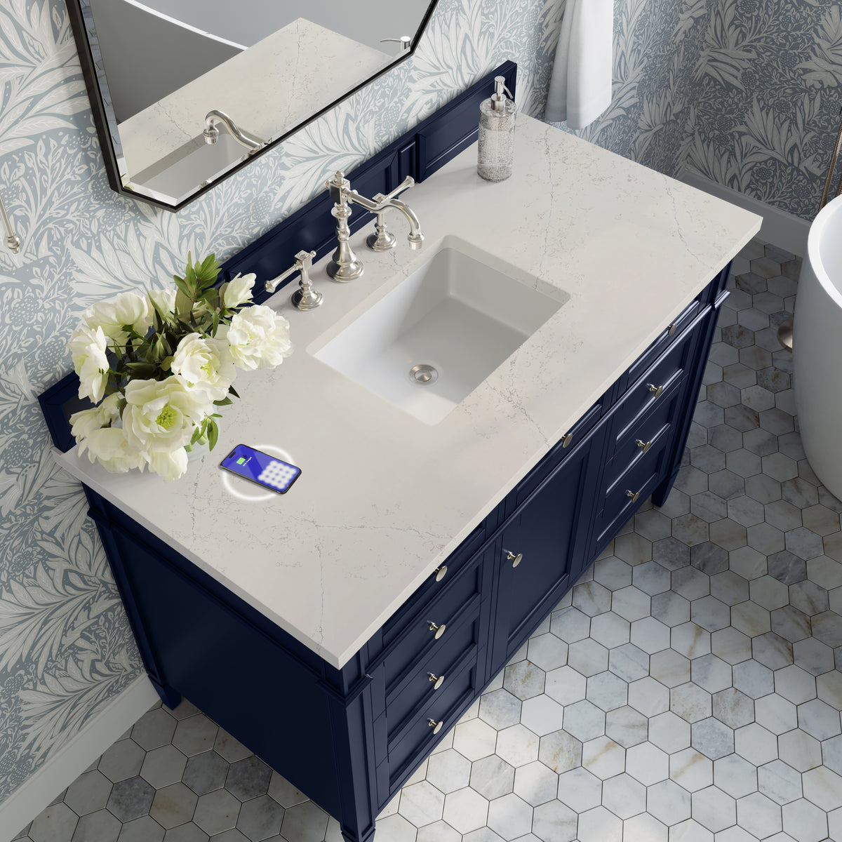 James Martin Vanities Brittany 48" Victory Blue Single Vanity With 3 CM Siberian Silestone Top and FreePower Wireless Charger
