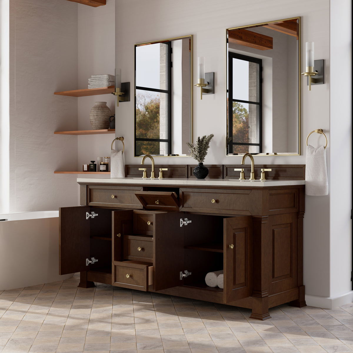 James Martin Vanities Brookfield 72" Honey Oak Double Vanity With 3 CM Siberian Silestone Top and FreePower Wireless Charger