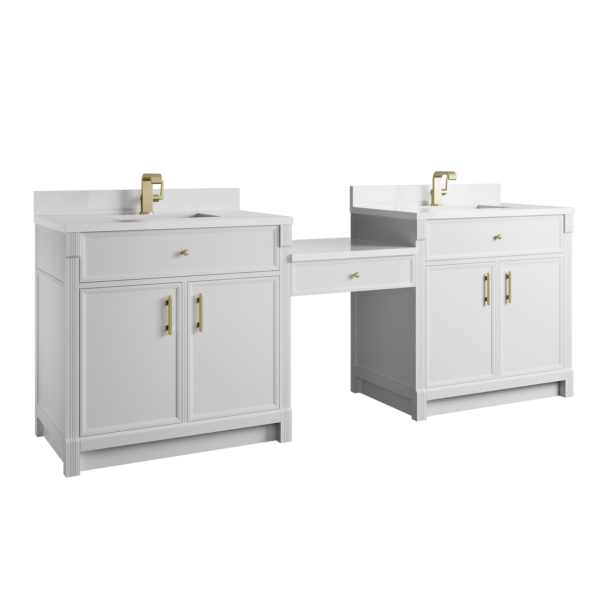 James Martin Vanities Bellshire 96" Bright White Dual Vanity Set With Single Hole 3 cm White Zeus Silestone Top, Backsplash and 24" Make-Up Counter