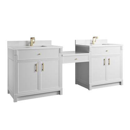 James Martin Vanities Bellshire 96" Bright White Dual Vanity Set With Single Hole 3 cm White Zeus Silestone Top, Backsplash and 24" Make-Up Counter