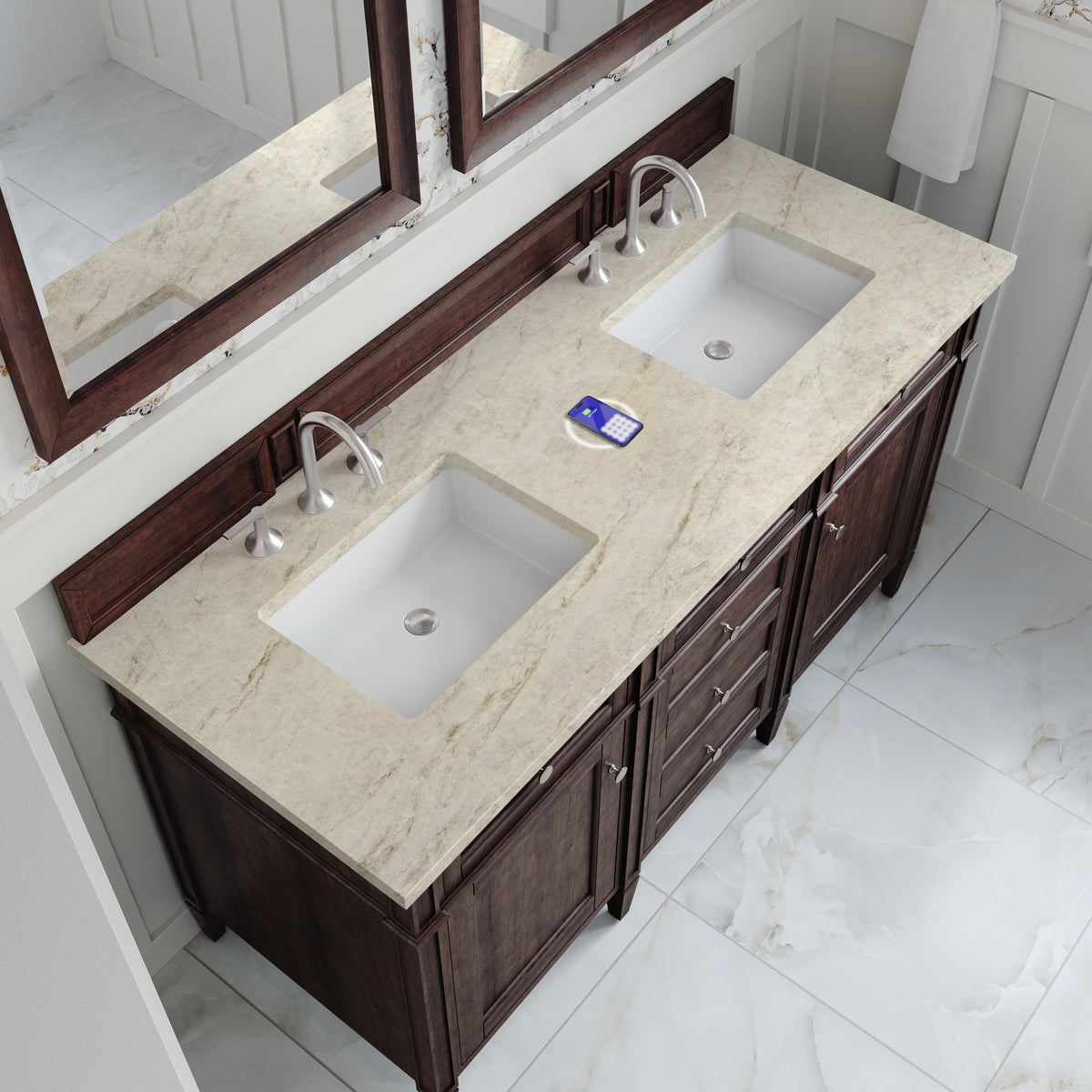 James Martin Vanities Brittany 60" Burnished Mahogany Double Vanity With 3 CM Tajnar Eclos Top and FreePower Wireless Charger