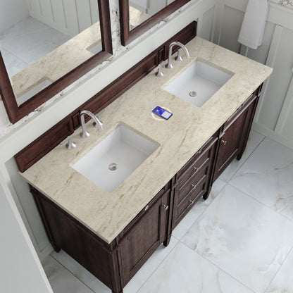 James Martin Vanities Brittany 60" Burnished Mahogany Double Vanity With 3 CM Tajnar Eclos Top and FreePower Wireless Charger