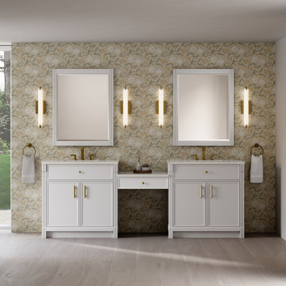 James Martin Vanities Bellshire 96" Bright White Dual Vanity Set With 3 cm Siberian Silestone Top and 24" Make-Up Counter