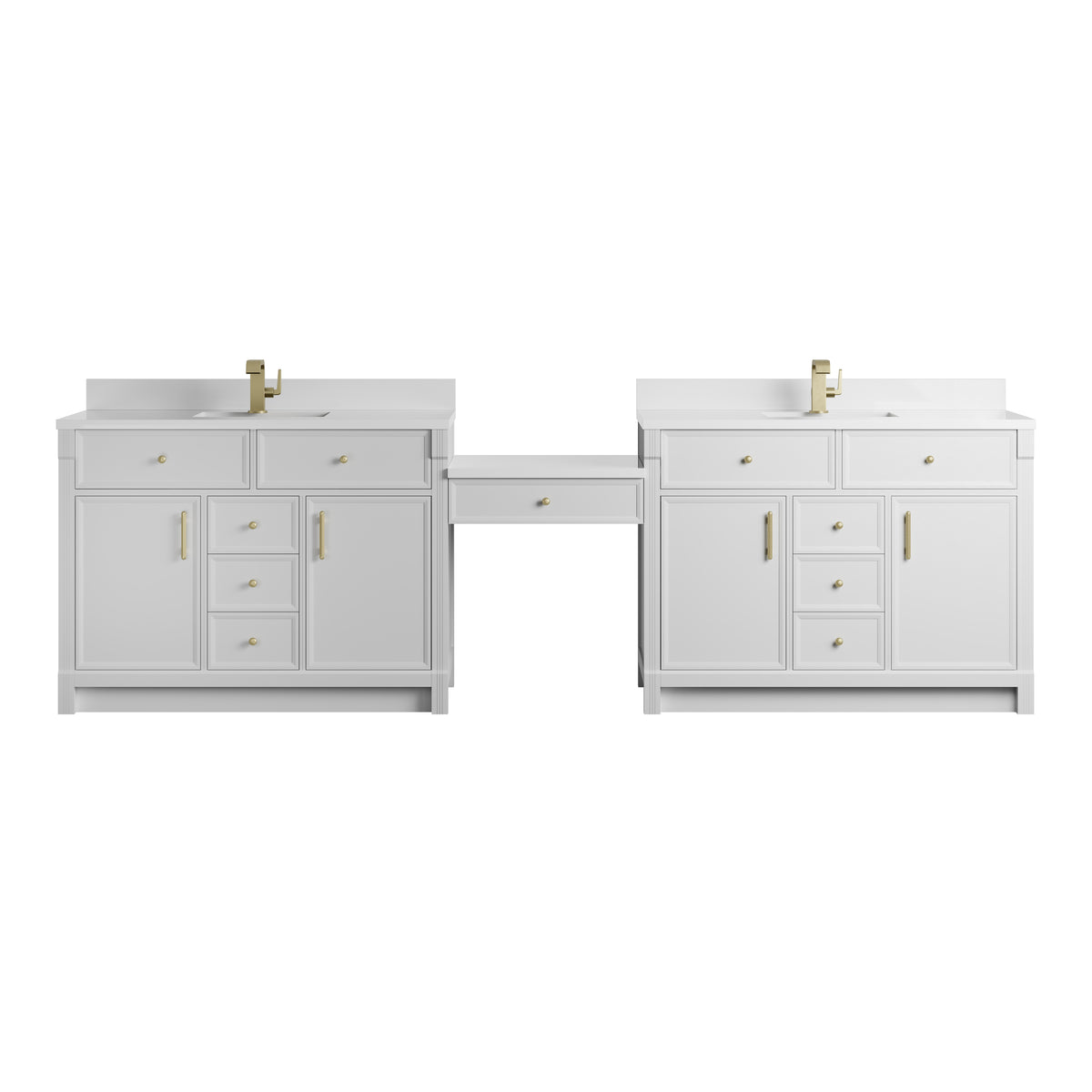 James Martin Vanities Bellshire 120" Bright White Dual Vanity Set With Single Hole 3 cm White Zeus Silestone Top, Backsplash and 24" Make-Up Counter