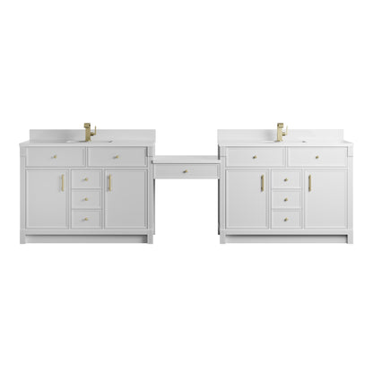 James Martin Vanities Bellshire 120" Bright White Dual Vanity Set With Single Hole 3 cm White Zeus Silestone Top, Backsplash and 24" Make-Up Counter