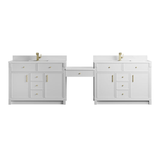 James Martin Vanities Bellshire 120" Bright White Dual Vanity Set With Single Hole 3 cm White Zeus Silestone Top, Backsplash and 24" Make-Up Counter