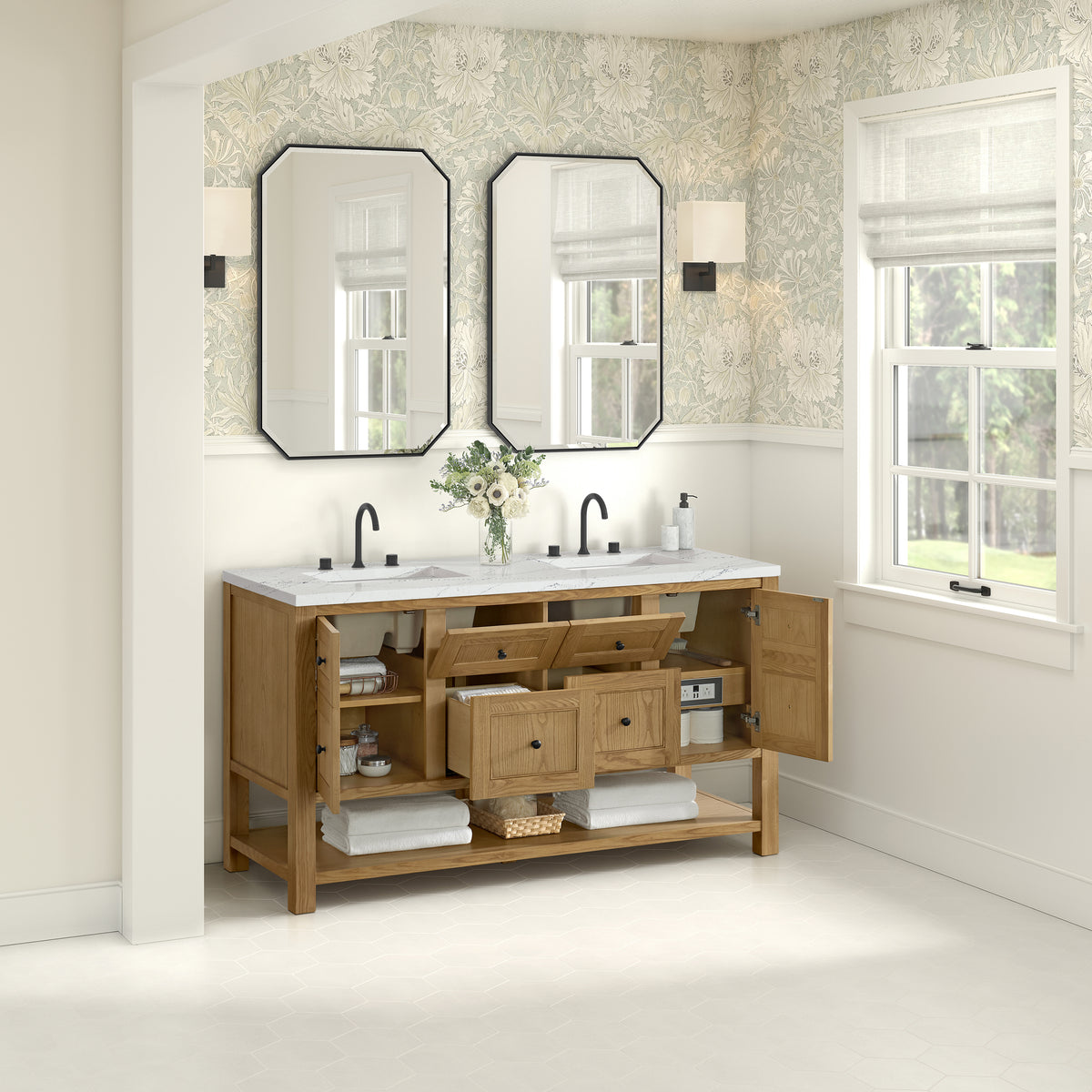James Martin Vanities Breckenridge 60" Light Natural Oak Double Vanity With 3cm Ethereal Noctis Quartz Top and FreePower Wireless Charger