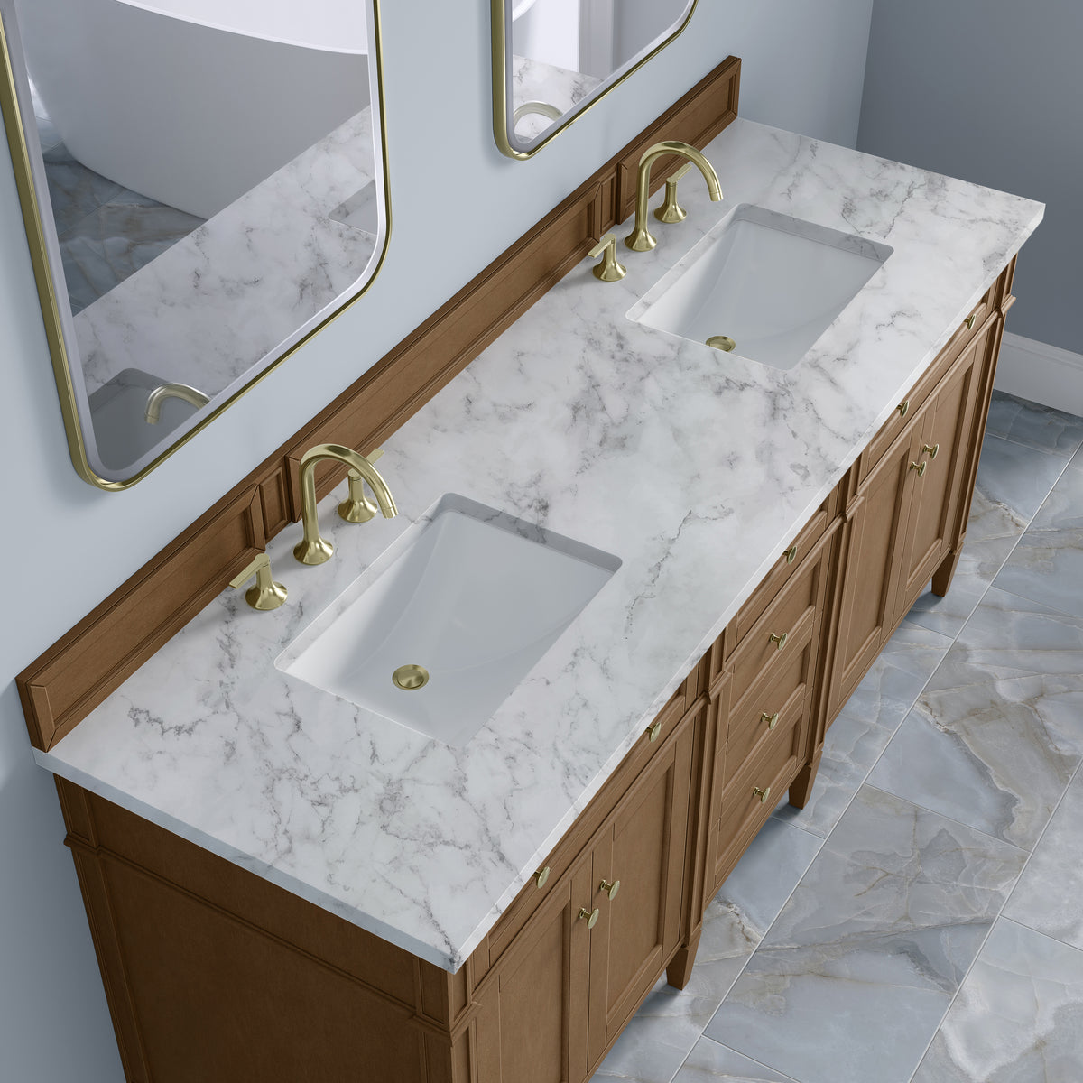 James Martin Vanities Brittany 72" Pecan Double Vanity With 3 CM Carrara Marble Top