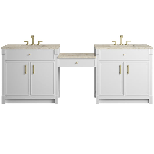 James Martin Vanities Bellshire 96" Bright White Dual Vanity Set With 3 cm Tajnar Eclos Top and 24" Make-Up Counter