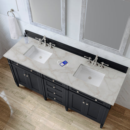James Martin Vanities Brittany 72" Black Onyx Double Vanity With 3 CM Victorian Silver Silestone Top and FreePower Wireless Charger