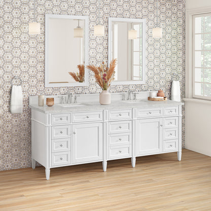 James Martin Vanities Brittany 84" Bright White Double Vanity With 3 CM Eternal Jasmine Pearl Top and FreePower Wireless Charger