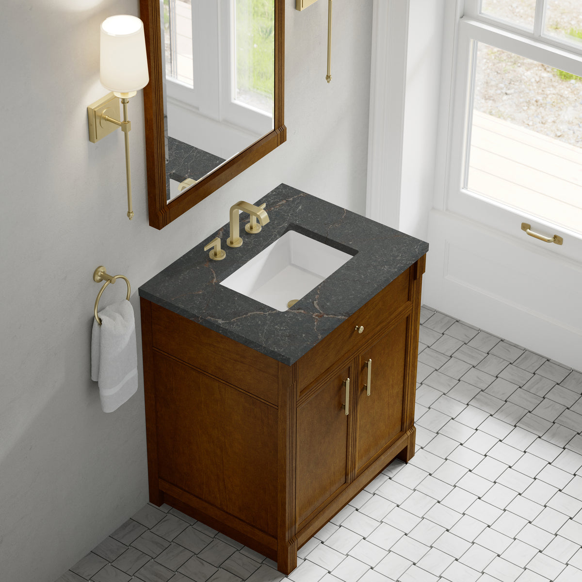 James Martin Vanities Bellshire 30" Honey Oak Single Vanity With 3 CM Parisien Bleu Silestone Top
