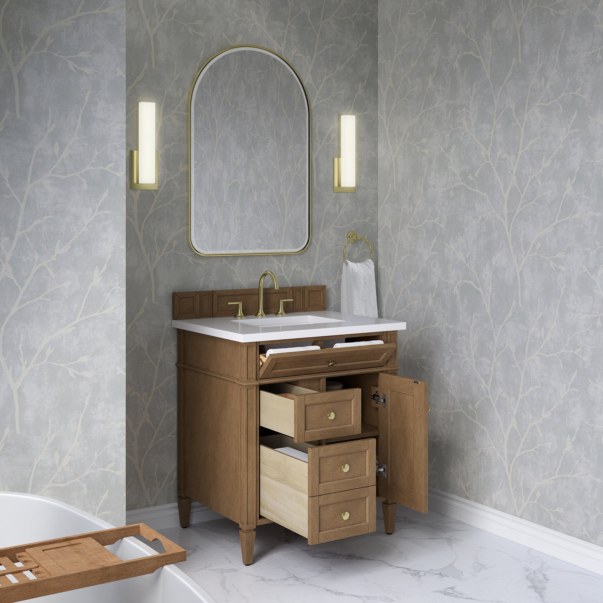 James Martin Vanities Brittany 30" Pecan Single Vanity With 3 CM White Zeus Silestone Top