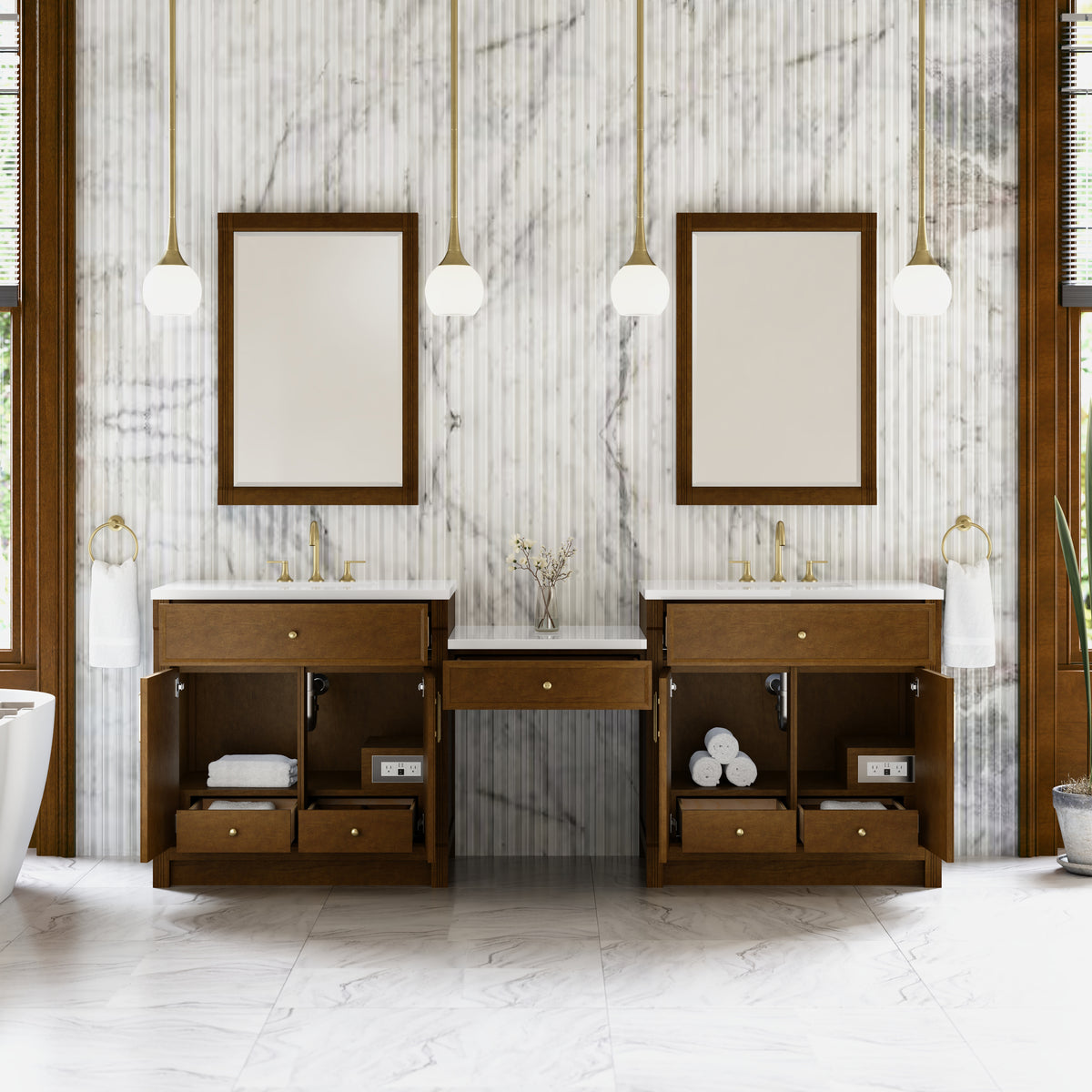James Martin Vanities Bellshire 96" Honey Oak Dual Vanity Set With 3 cm White Zeus Silestone Top and 24" Make-Up Counter