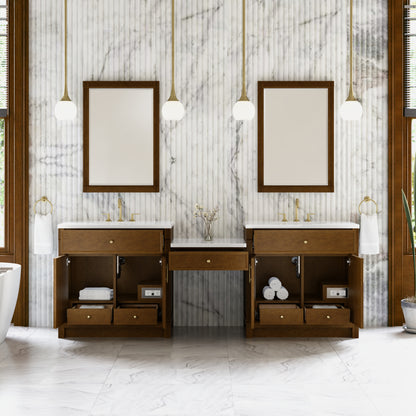 James Martin Vanities Bellshire 96" Honey Oak Dual Vanity Set With 3 cm White Zeus Silestone Top and 24" Make-Up Counter