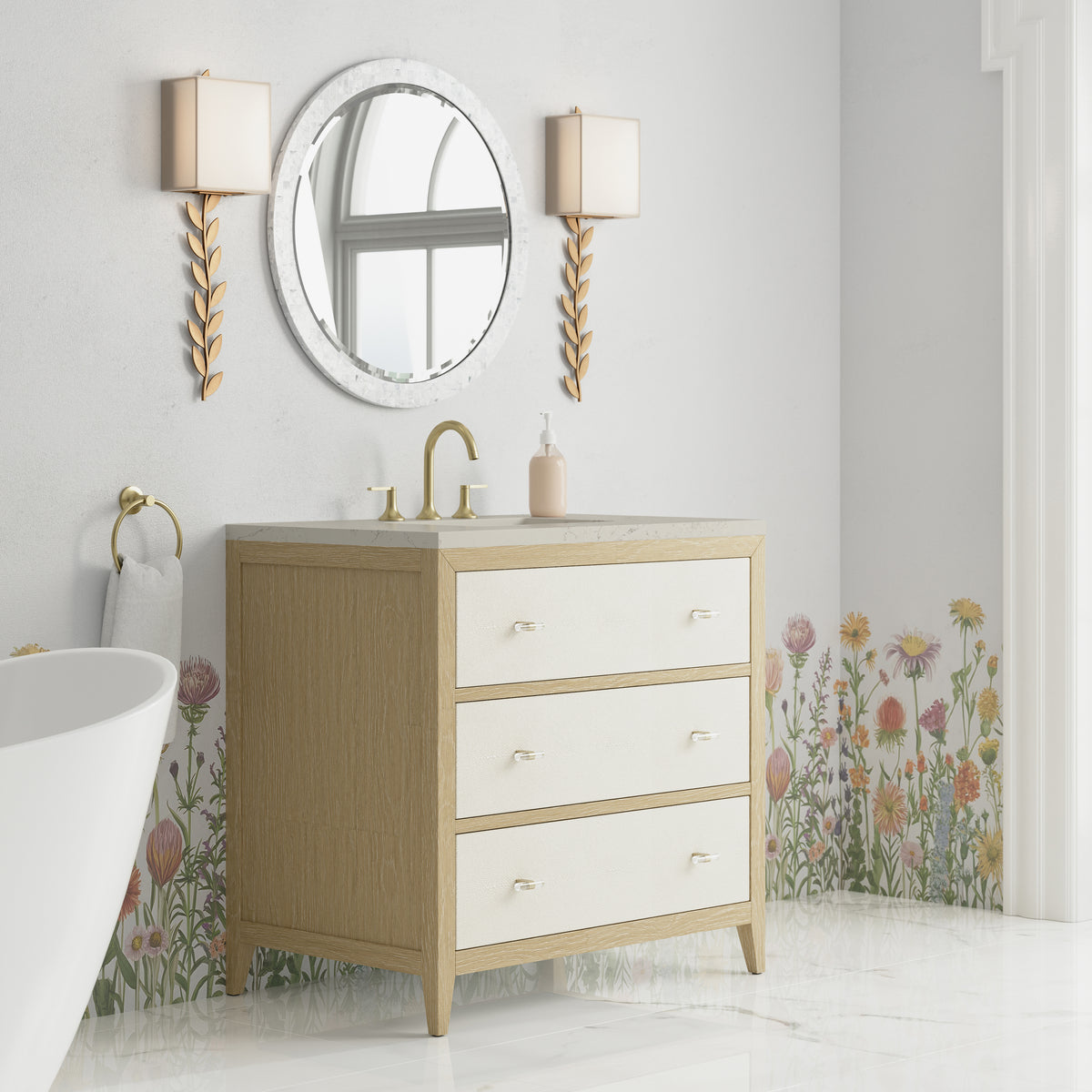 James Martin Vanities Celeste 36" Sunwashed Oak with Embossed Shagreen Single Vanity With 3 CM Siberian Silestone Top