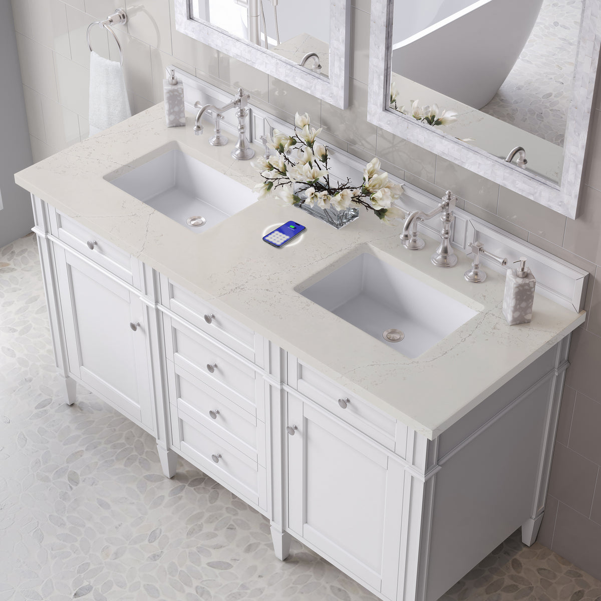 James Martin Vanities Brittany 60" Bright White Double Vanity With 3 CM Siberian Silestone Top and FreePower Wireless Charger