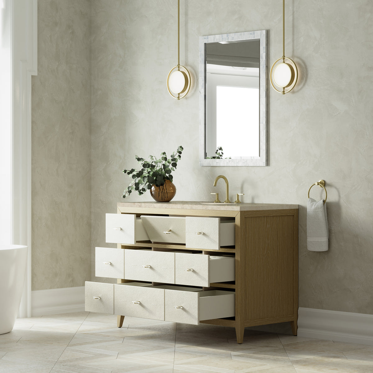 James Martin Vanities Celeste 48" Sunwashed Oak with Embossed Shagreen Single Vanity With 3 CM Tajnar Eclos Top