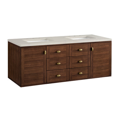 James Martin Vanities Amberly 60" Mid-Century Walnut Double Vanity With 3 CM Siberian Silestone Top and FreePower Wireless Charger