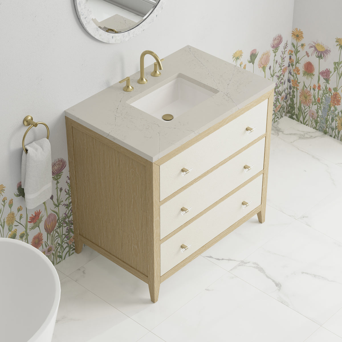 James Martin Vanities Celeste 36" Sunwashed Oak with Embossed Shagreen Single Vanity With 3 CM Siberian Silestone Top