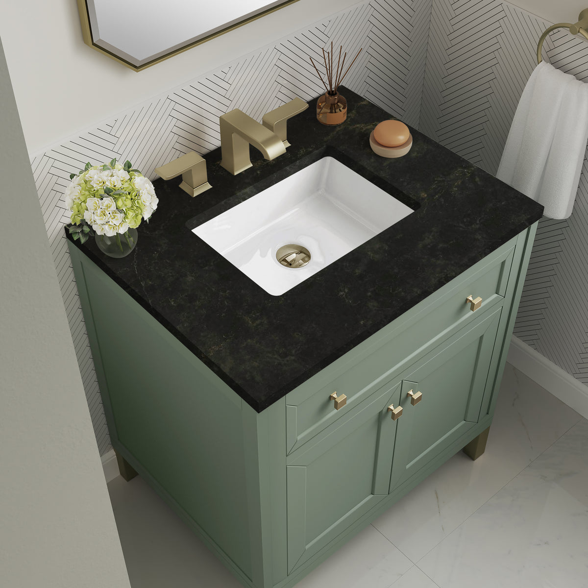 James Martin Vanities Chicago 30" Smokey Celadon Single Vanity With 3 CM Phantome Eclos Top