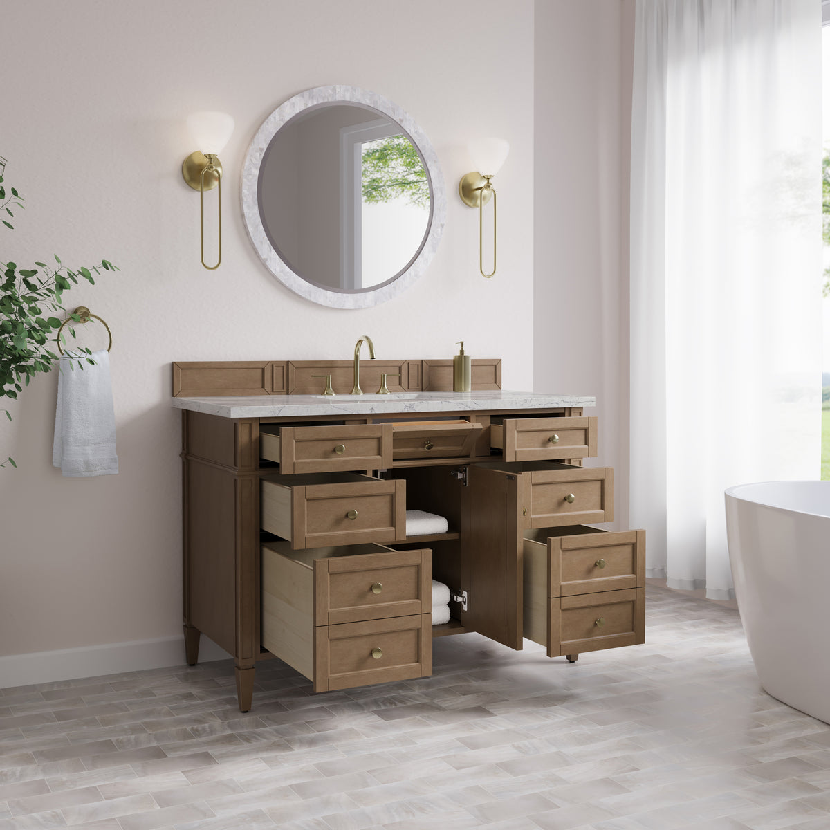 James Martin Vanities Brittany 48" Pecan Single Vanity With 3 CM Eternal Jasmine Pearl Silestone Top and FreePower Wireless Charger