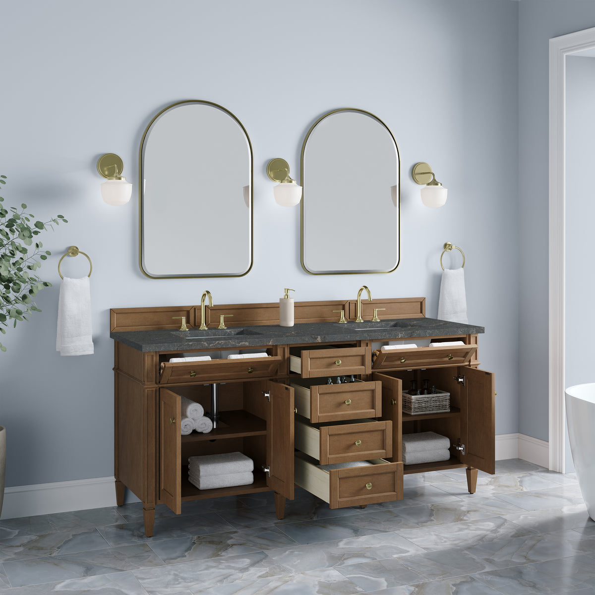 James Martin Vanities Brittany 72" Pecan Double Vanity With 3 CM Parisien Bleu Silestone Top