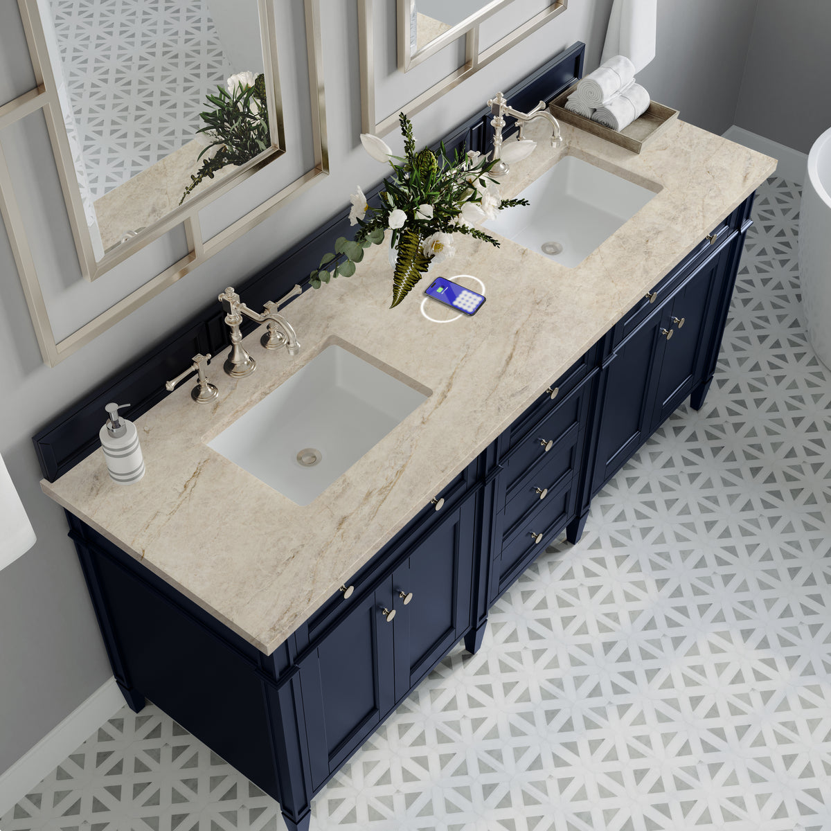James Martin Vanities Brittany 72" Victory Blue Double Vanity With 3 CM Tajnar Eclos Top and FreePower Wireless Charger
