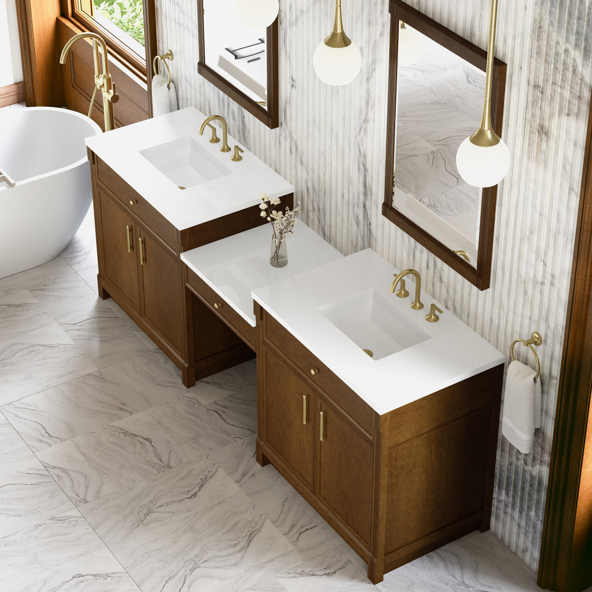 James Martin Vanities Bellshire 96" Honey Oak Dual Vanity Set With 3 cm White Zeus Silestone Top and 24" Make-Up Counter
