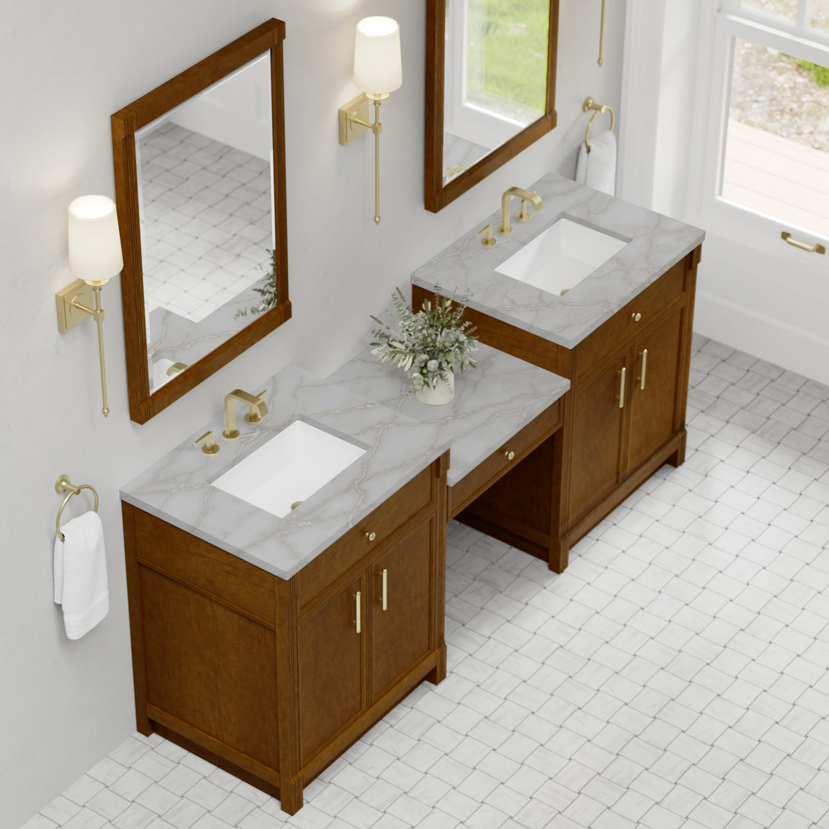 James Martin Vanities Bellshire 84" Honey Oak Dual Vanity Set With 3 cm Victorian Silver Silestone Top and 24" Make-Up Counter