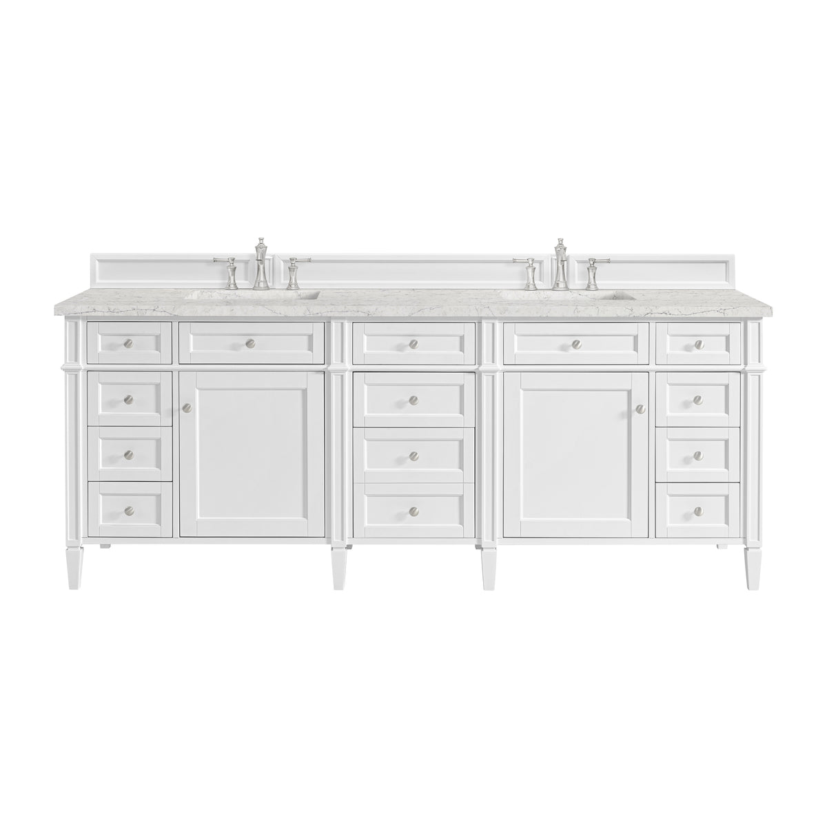 James Martin Vanities Brittany 84" Bright White Double Vanity With 3 CM Eternal Jasmine Pearl Top and FreePower Wireless Charger