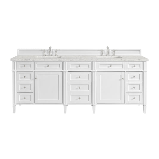 James Martin Vanities Brittany 84" Bright White Double Vanity With 3 CM Eternal Jasmine Pearl Top and FreePower Wireless Charger