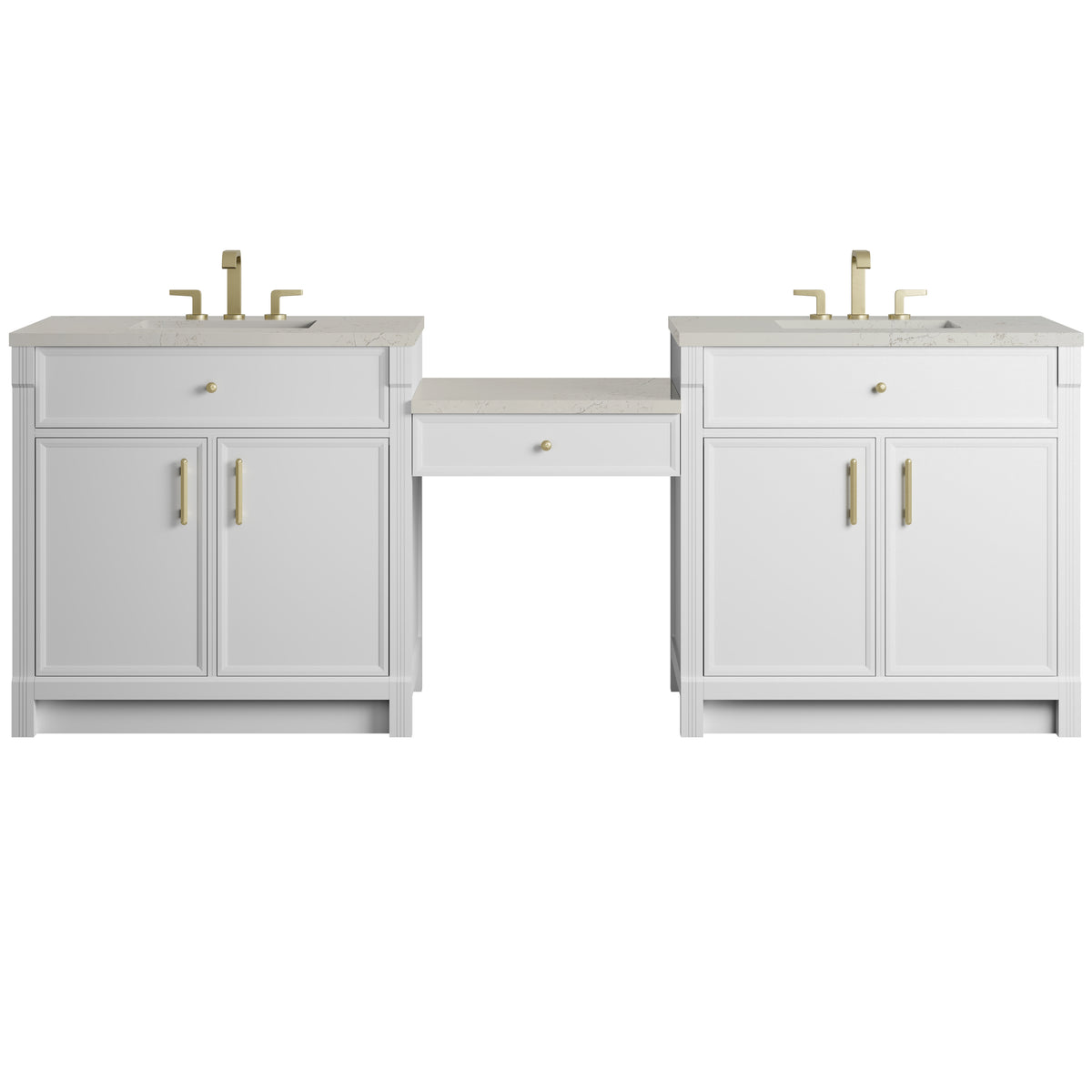 James Martin Vanities Bellshire 96" Bright White Dual Vanity Set With 3 cm Siberian Silestone Top and 24" Make-Up Counter