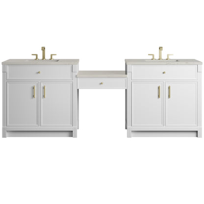 James Martin Vanities Bellshire 96" Bright White Dual Vanity Set With 3 cm Siberian Silestone Top and 24" Make-Up Counter