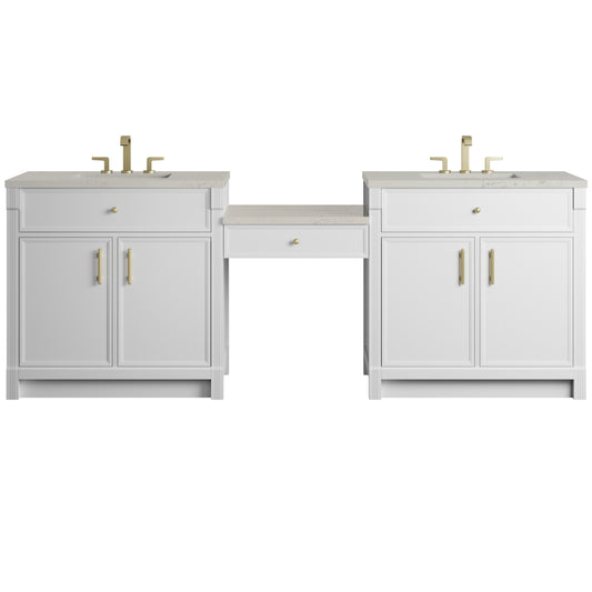 James Martin Vanities Bellshire 96" Bright White Dual Vanity Set With 3 cm Siberian Silestone Top and 24" Make-Up Counter