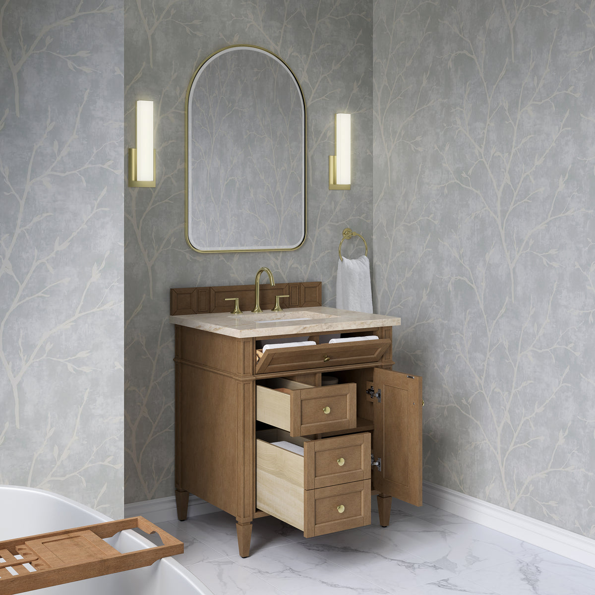 James Martin Vanities Brittany 30" Pecan Single Vanity With 3 CM Tajnar Eclos Top
