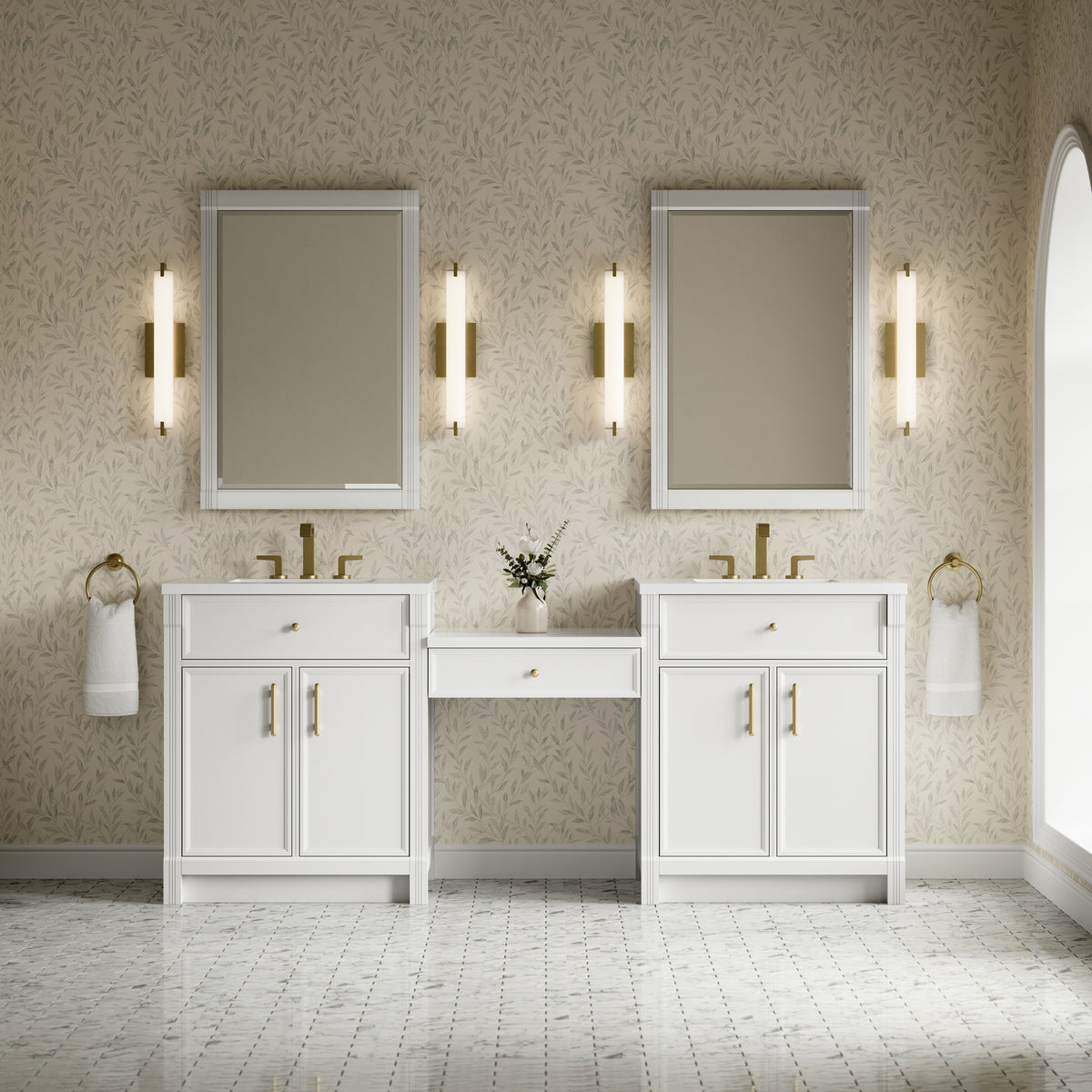 James Martin Vanities Bellshire 84" Bright White Dual Vanity Set With 3 cm White Zeus Silestone Top and 24" Make-Up Counter