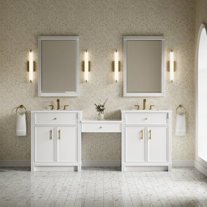 James Martin Vanities Bellshire 84" Bright White Dual Vanity Set With 3 cm White Zeus Silestone Top and 24" Make-Up Counter