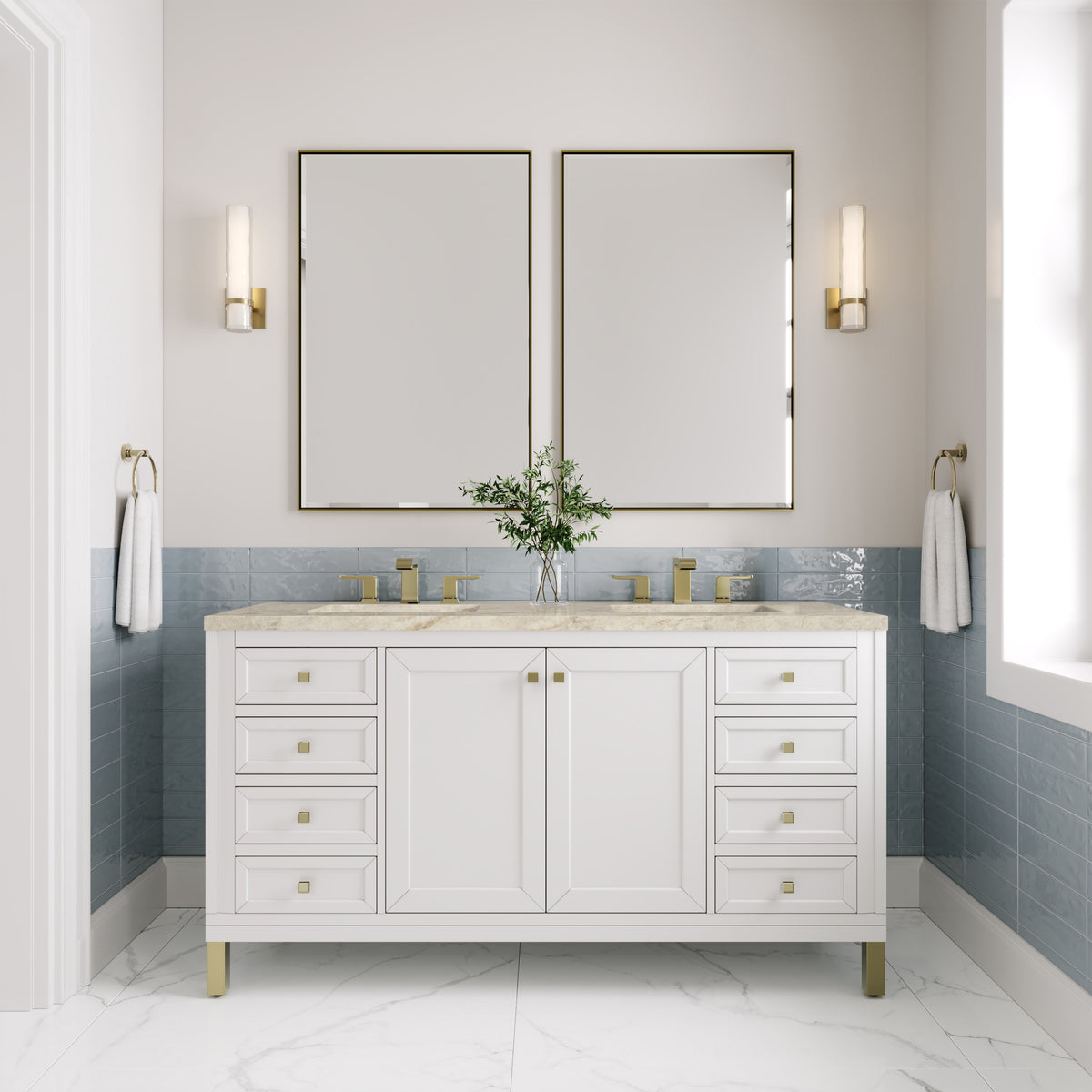 James Martin Vanities Chicago 60" Glossy White Double Vanity With 3 CM Tajnar Eclos Top