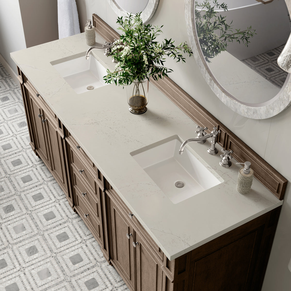 James Martin Vanities Bristol 72" Whitewashed Walnut Double Vanity With 3 CM Siberian Silestone Top
