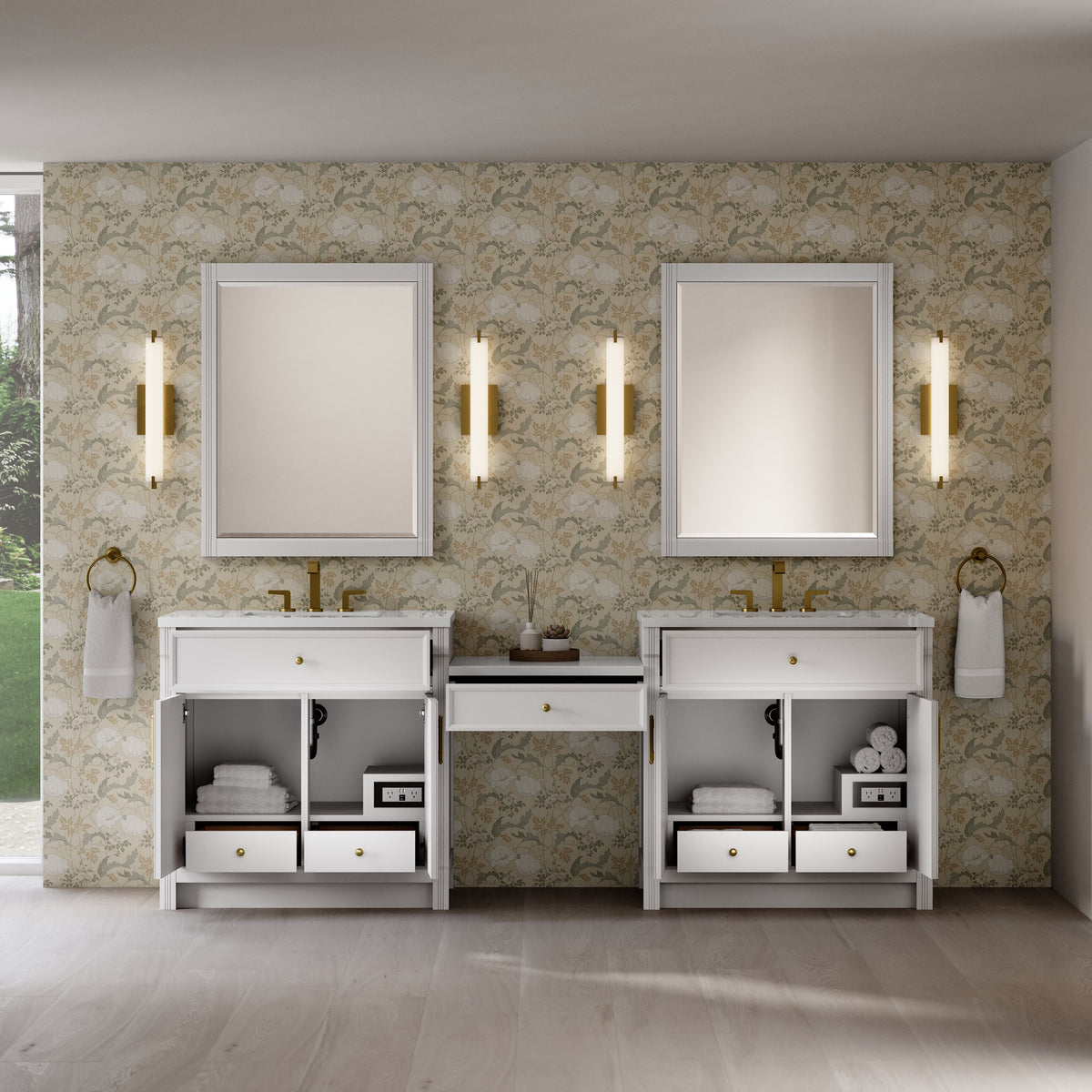 James Martin Vanities Bellshire 96" Bright White Dual Vanity Set With 3 cm White Zeus Silestone Top and 24" Make-Up Counter