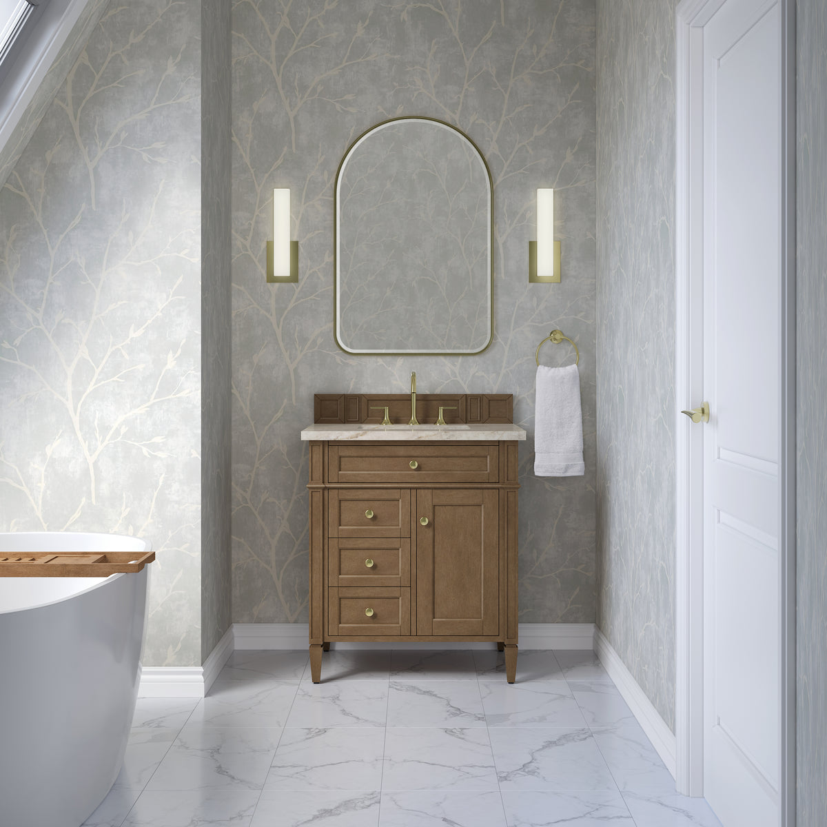 James Martin Vanities Brittany 30" Pecan Single Vanity With 3 CM Tajnar Eclos Top