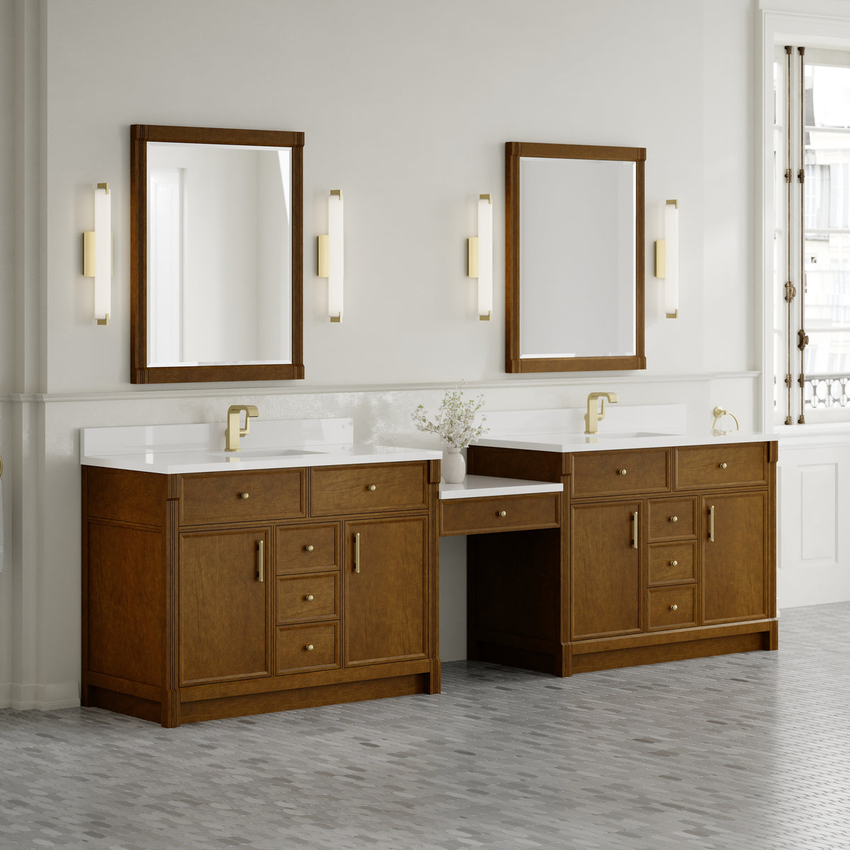 James Martin Vanities Bellshire 120" Honey Oak Dual Vanity Set WithSingle Hole 3 cm White Zeus Silestone Top & Backsplash and 24" Make-Up Counter